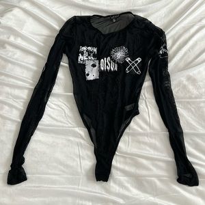 CURRENT MOOD Sheer Mesh Black Graphic Bodysuit Long Sleeve DOLLS KILL Sz L